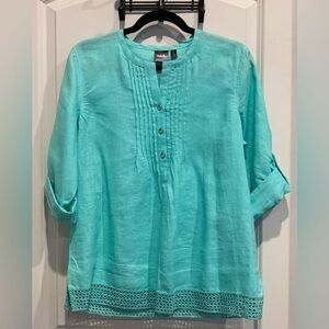 Rafaella 100% Linen Top Teal Button Down Tunic Blouse Coastal Hippie Size PM